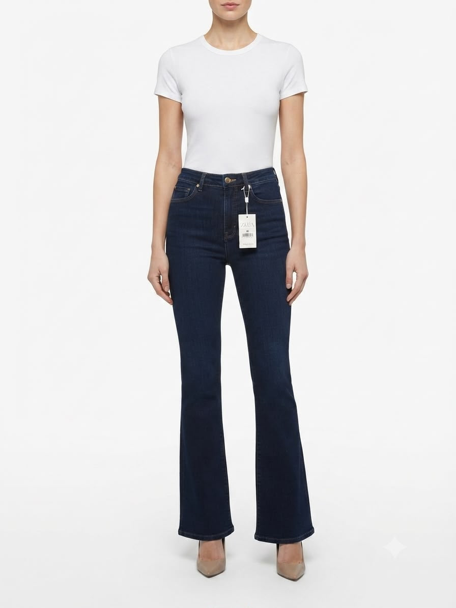 Pantalón dama mezclilla flare de tiro alto