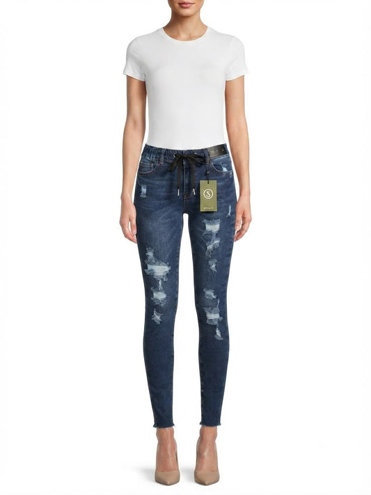 Pantalón dama mezclilla skinny con cintura ajustable y acabado desgastado