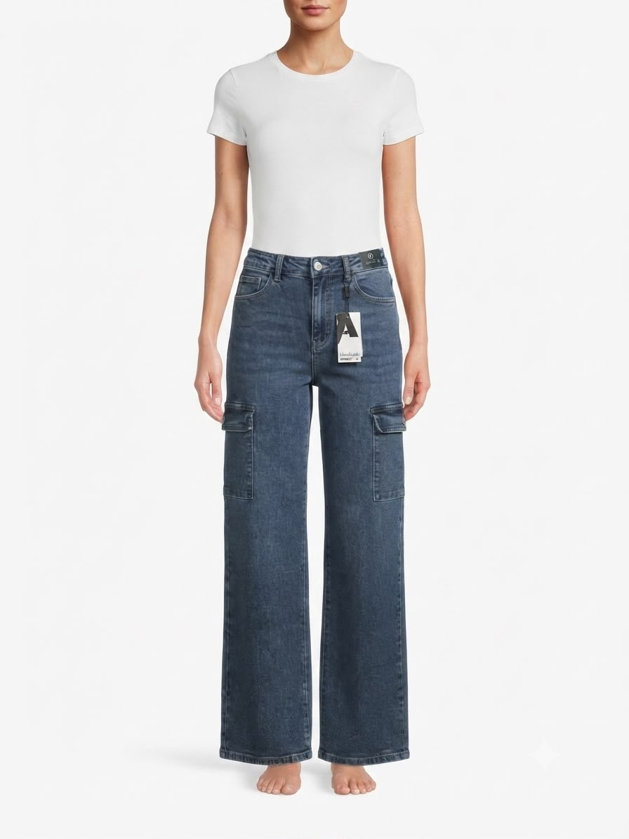 Pantalón dama mezclilla cargo wide leg de tiro alto