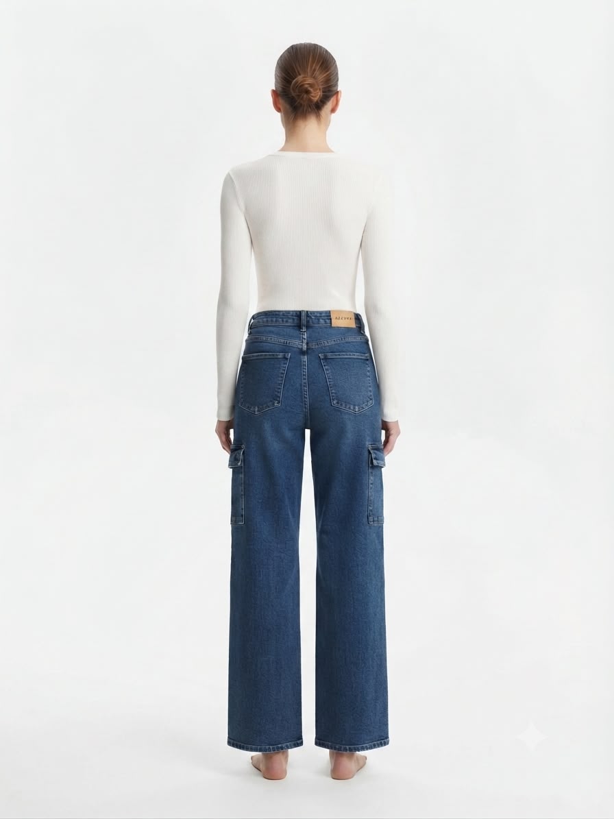 Pantalón dama mezclilla cargo wide leg de tiro alto