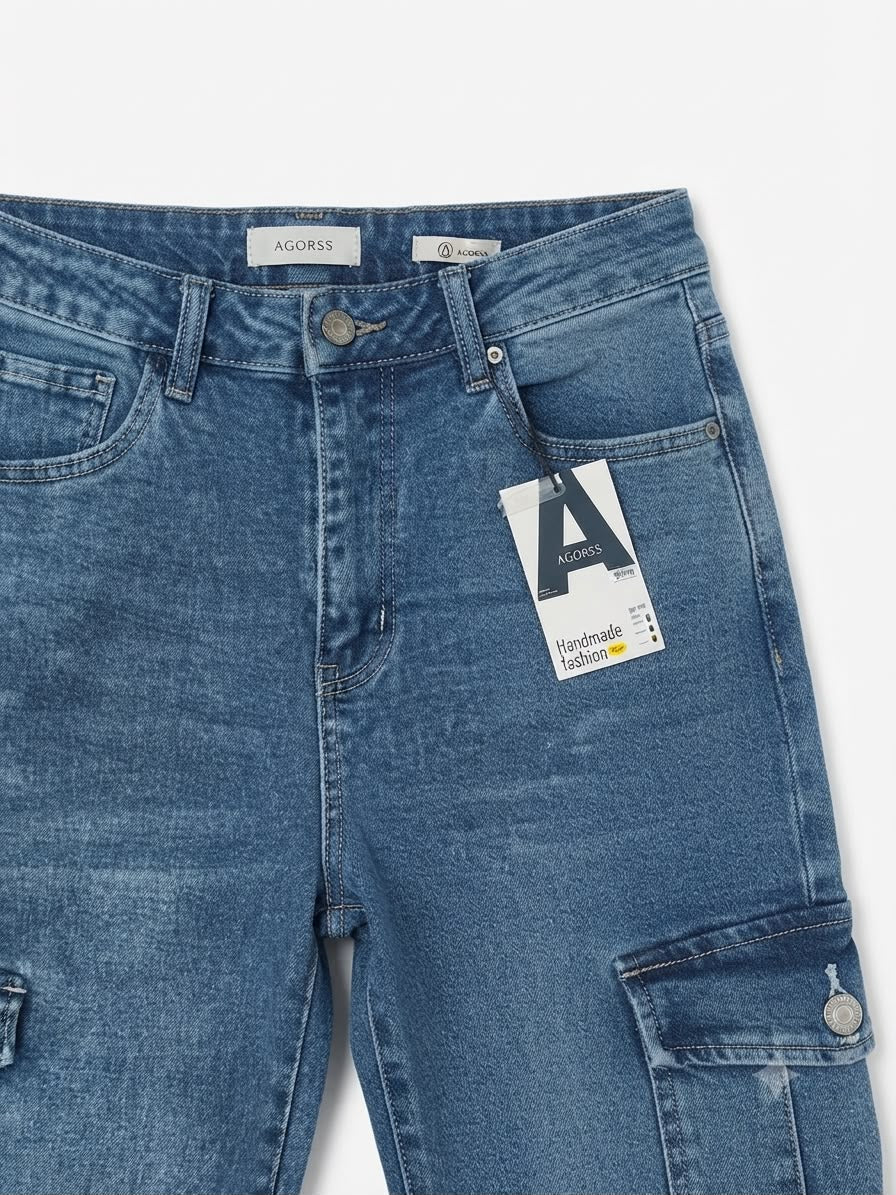 Pantalón dama mezclilla cargo wide leg de tiro alto