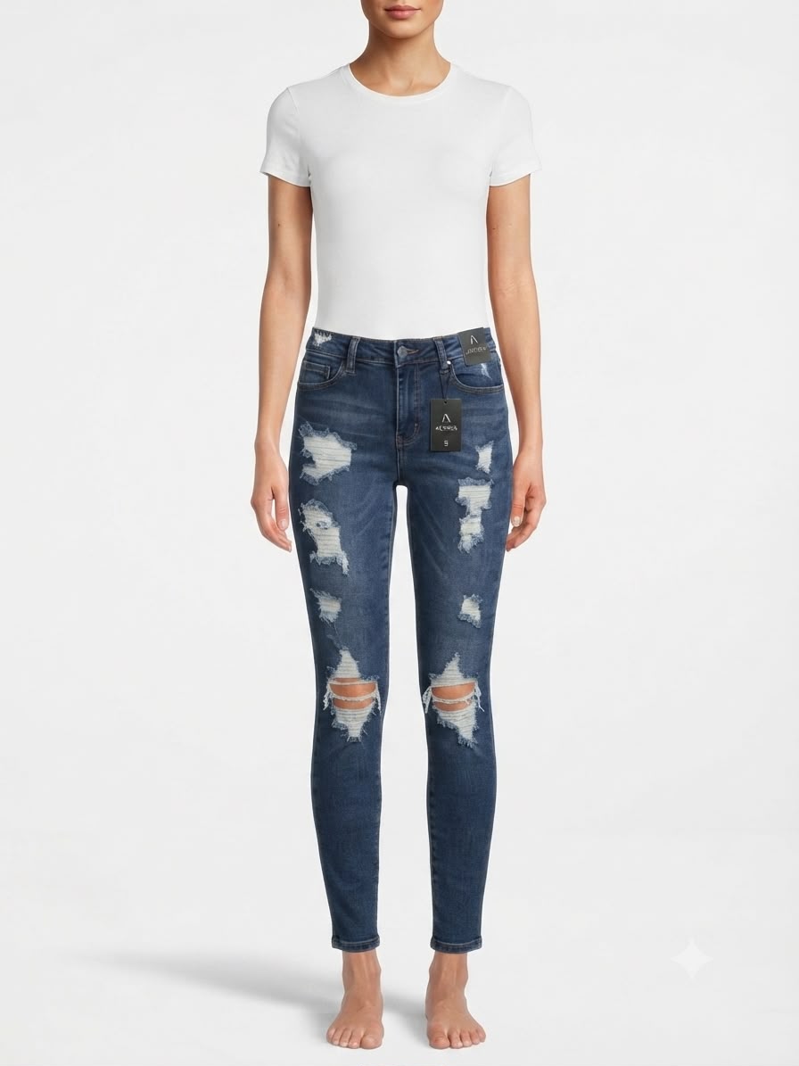Pantalón dama mezclilla skinny con rasgados y tiro alto