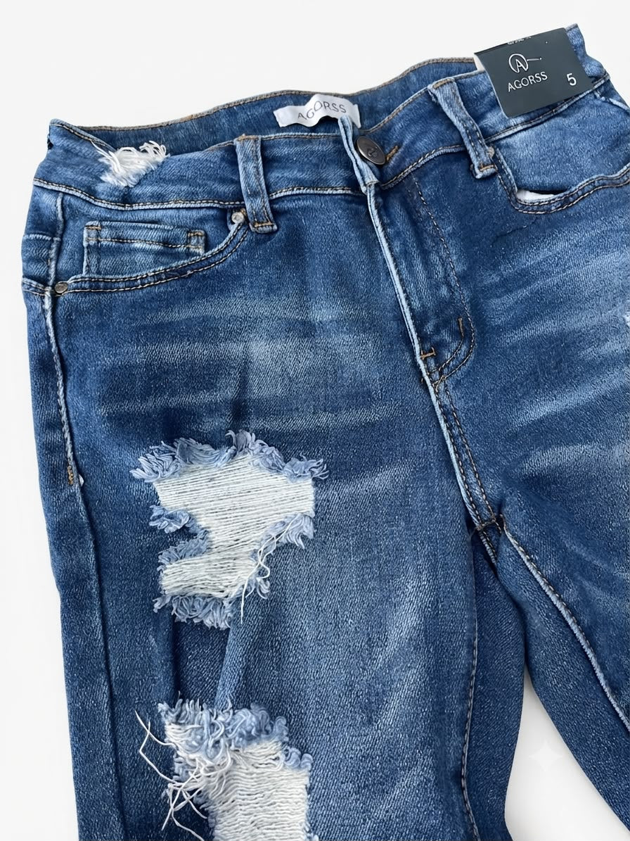 Pantalón dama mezclilla skinny con rasgados y tiro alto