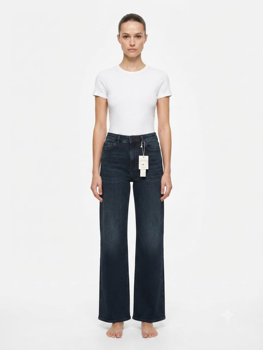 Pantalón dama mezclilla wide leg azul oscuro de tiro alto
