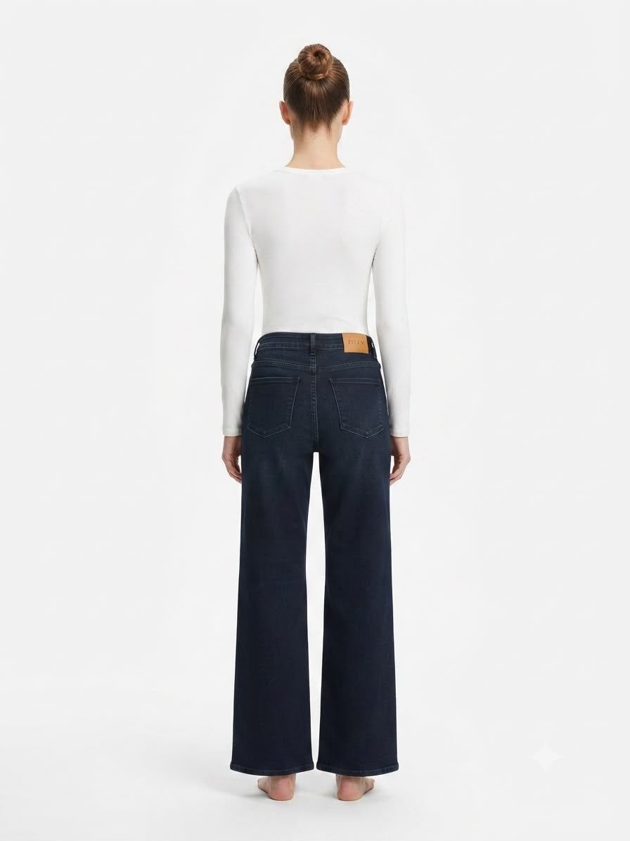 Pantalón dama mezclilla wide leg azul oscuro de tiro alto