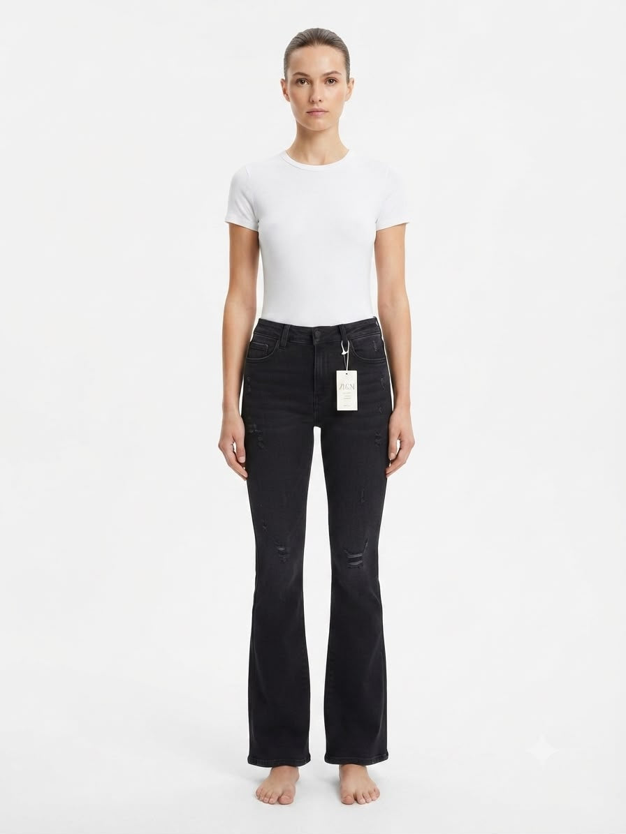 Pantalón dama mezclilla flare tono black con rasgados