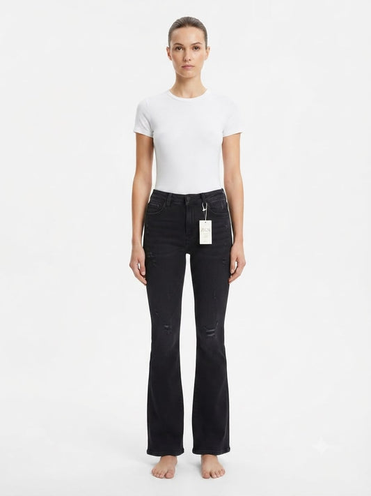 Pantalón dama mezclilla flare tono black con rasgados