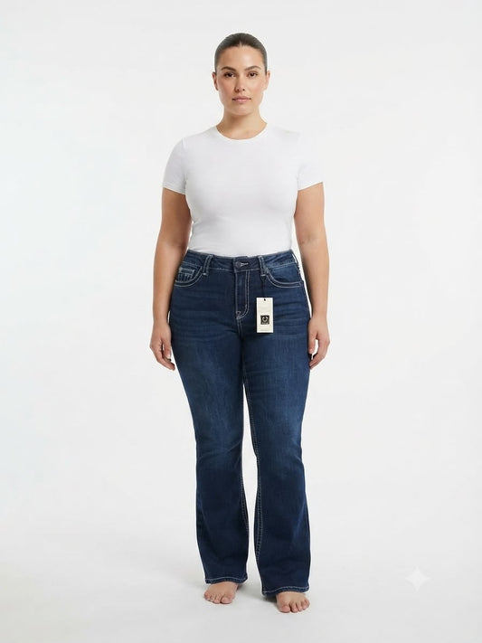 Pantalón dama mezclilla flare plus azul oscuro de tiro alto