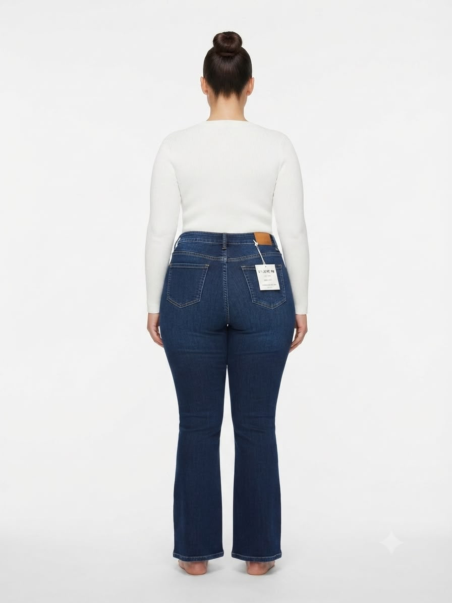 Pantalón dama mezclilla flare plus azul oscuro de tiro alto