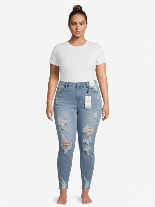 Pantalón dama mezclilla skinny plus con rasgados