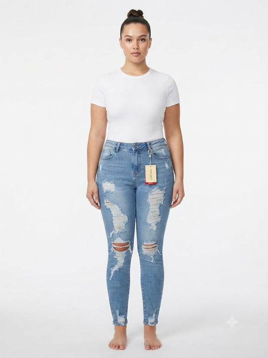 Pantalón dama mezclilla skinny plus con rasgados