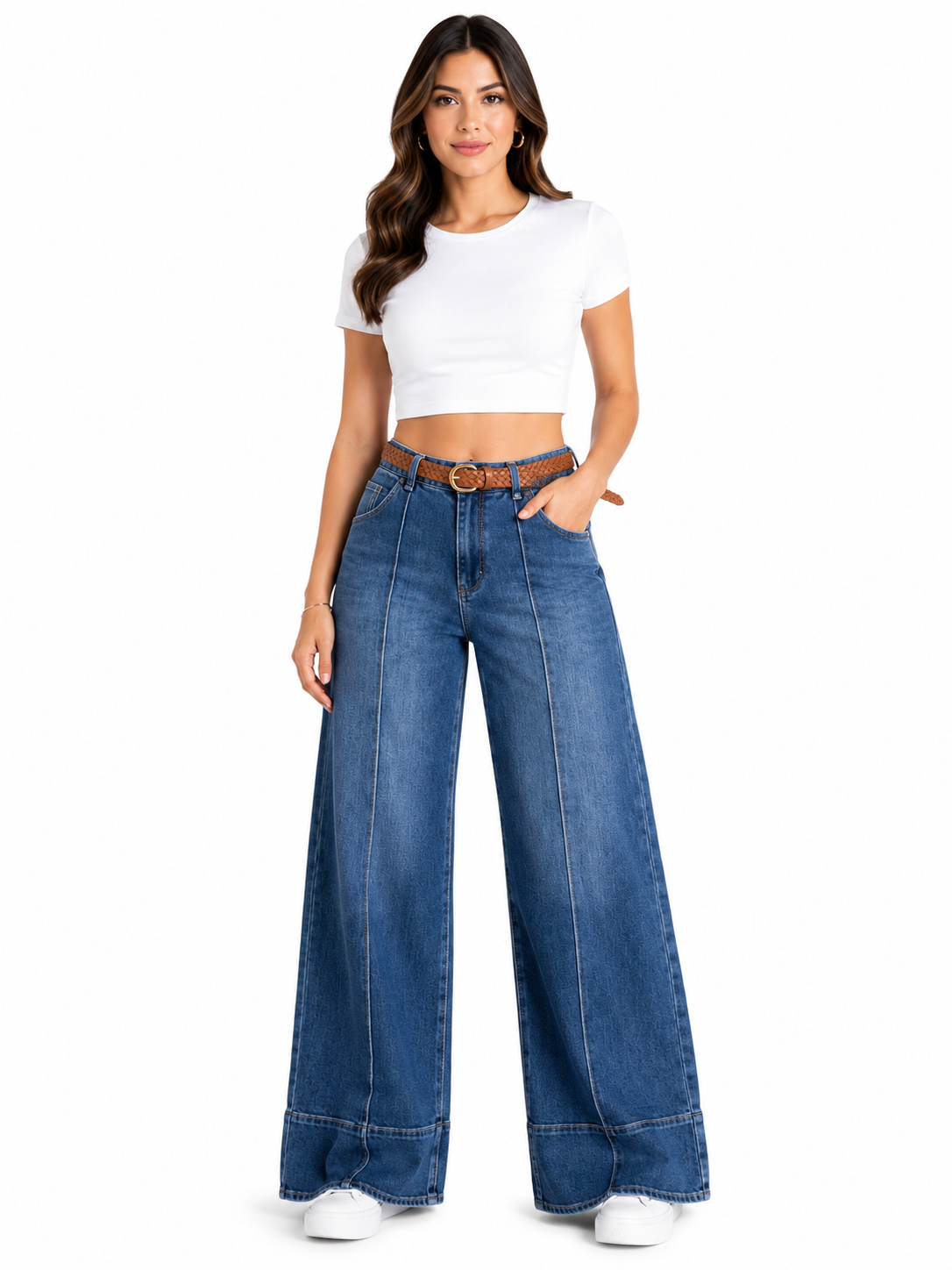 Pantalón dama mezclilla palazzo wide leg tiro alto con cinturón