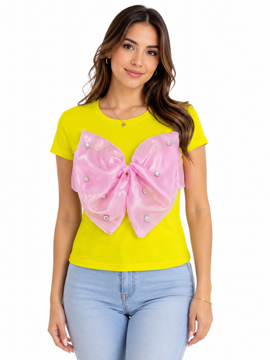Blusa dama OFERTA manga corta color amarillo neón con moño maxi de organza y aplicaciones brillantes