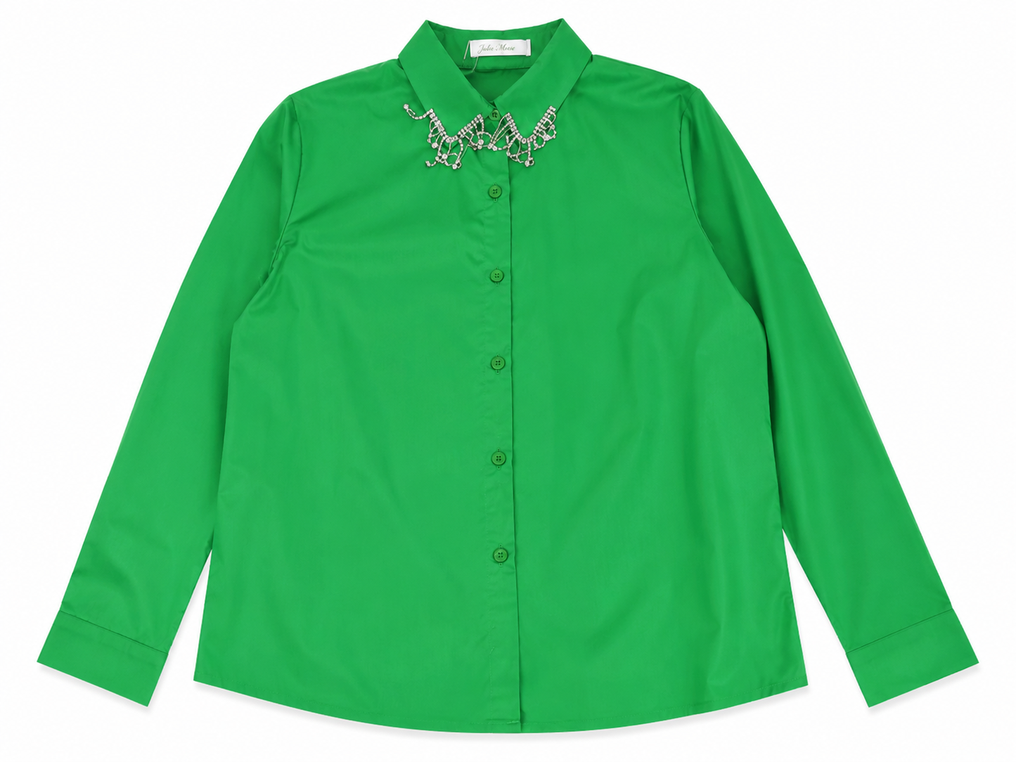 Blusa dama OFERTA manga larga de botones con cuello decorado de pedrería color verde