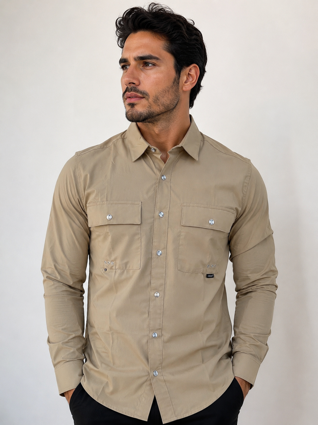 Camisa caballero beige manga larga