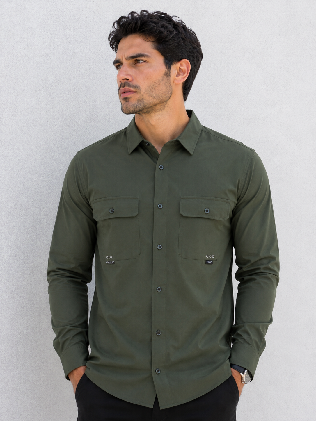 Camisa Caballero Verde Militar Manga Larga