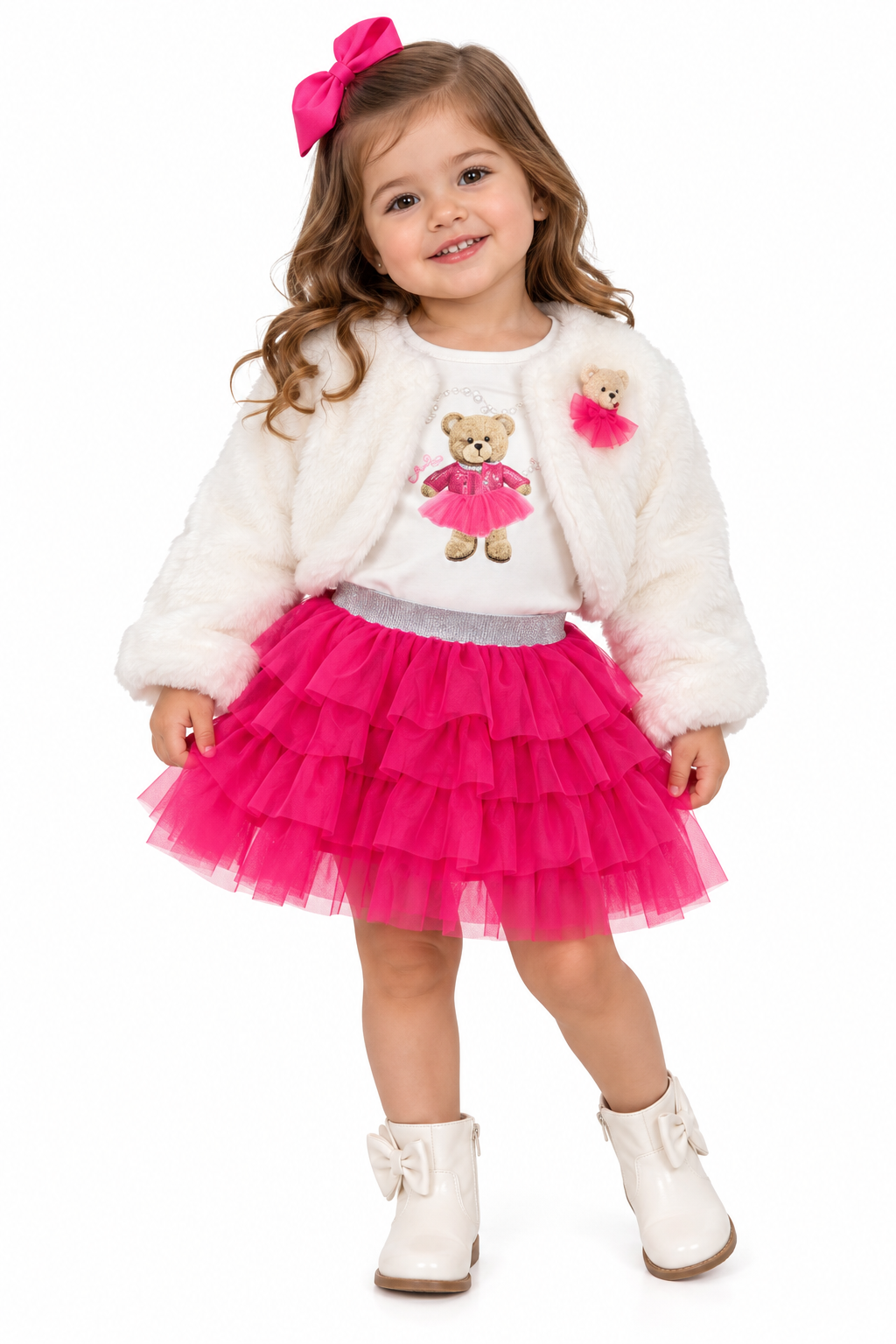 Set niña de 3 piezas con bolero afelpado y falda de tul rosa