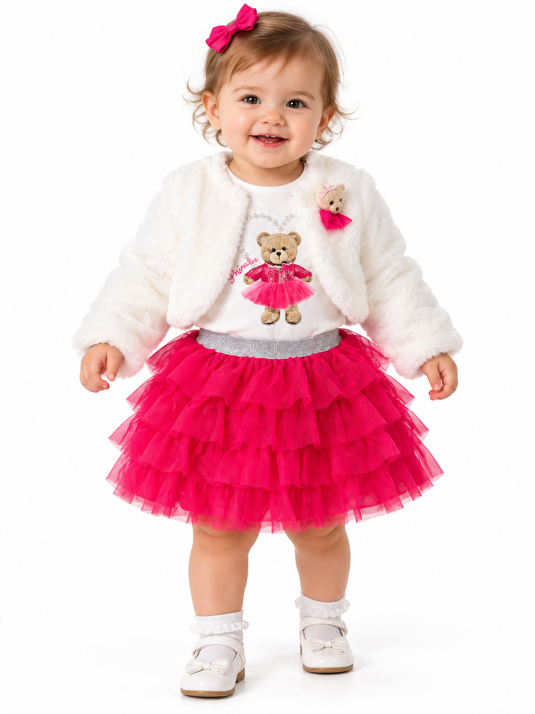 Set niña de 3 piezas con bolero afelpado y falda de tul rosa