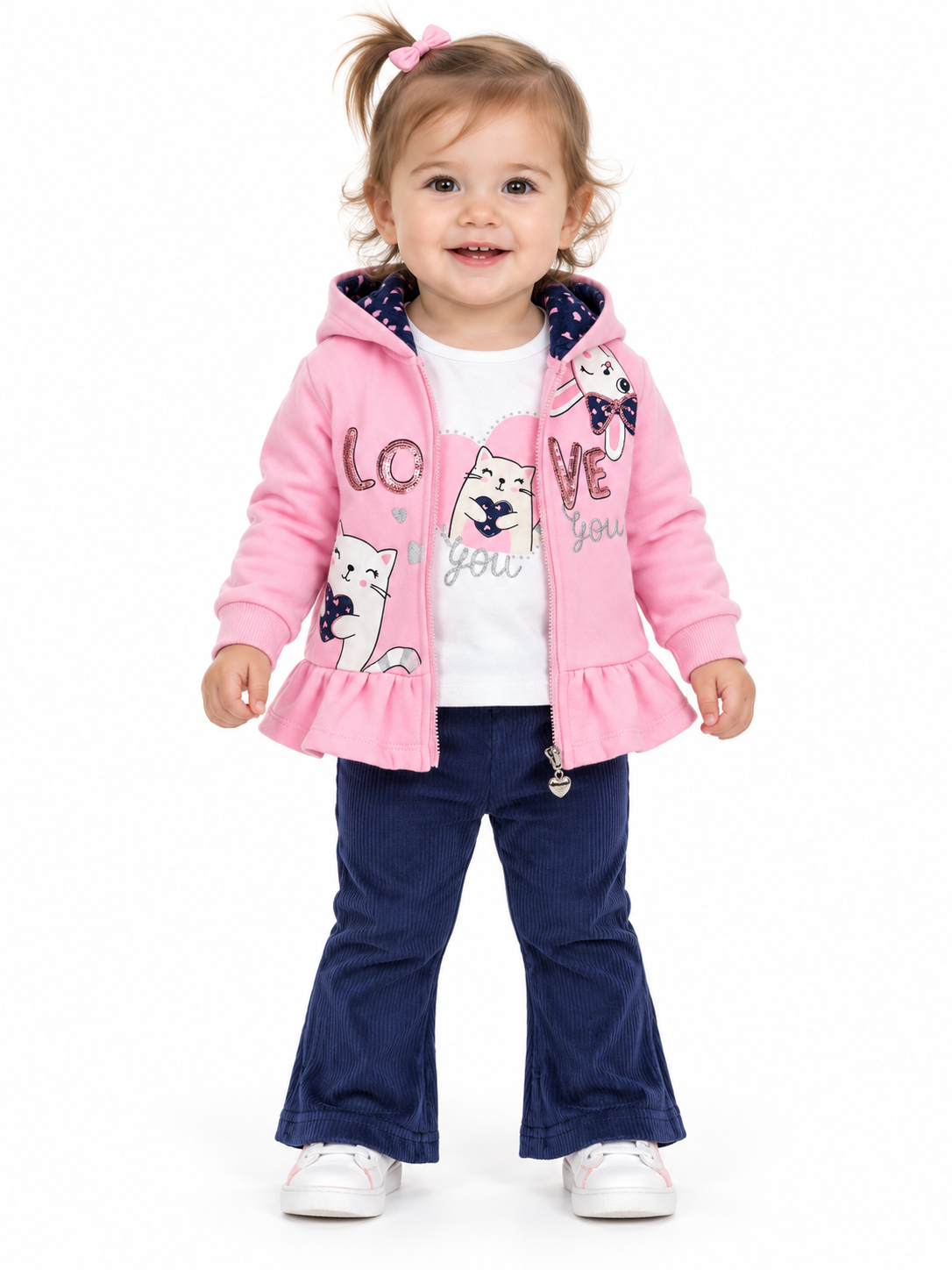 Set niña de 3 piezas con sudadera rosa de gatitos y pantalón acampanado