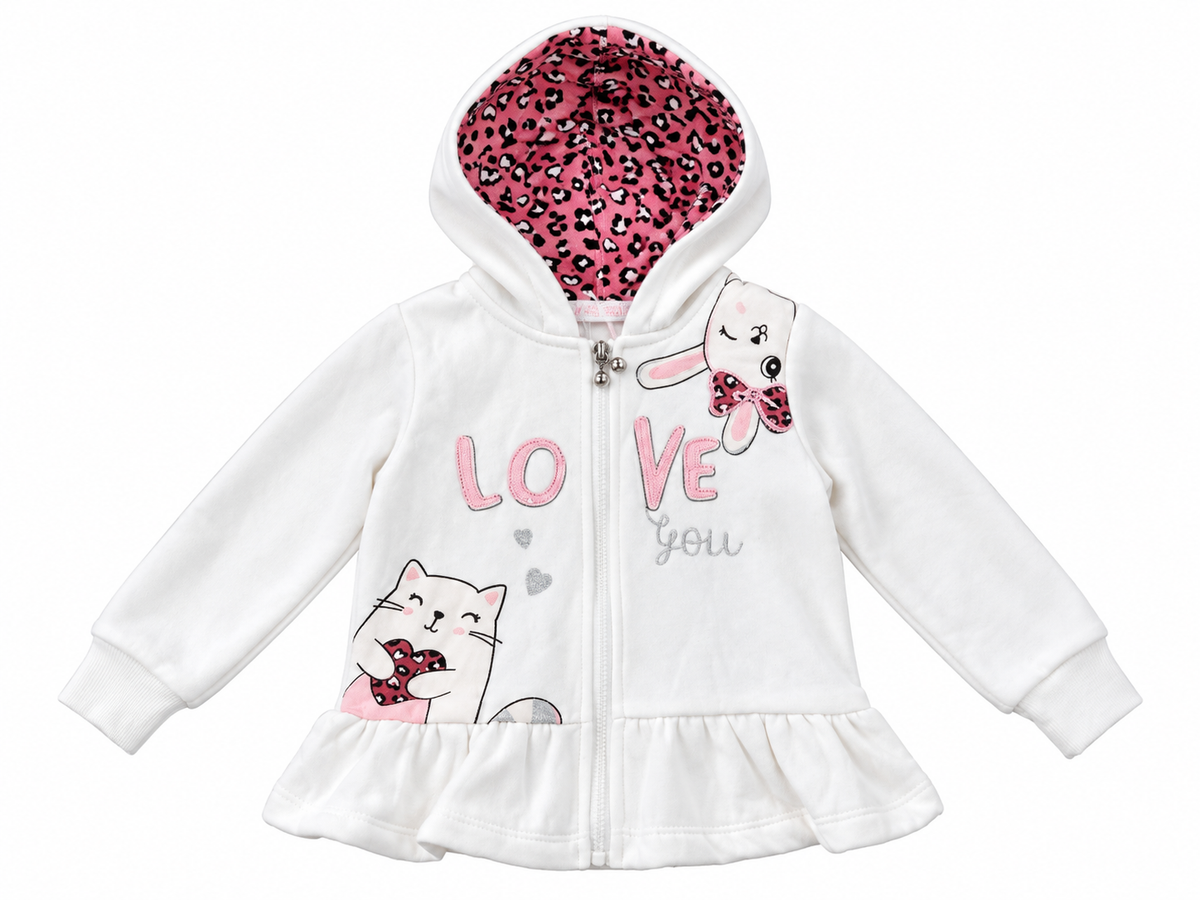 Set niña de 3 piezas con sudadera blanca de gatitos y pantalón acampanado rosa