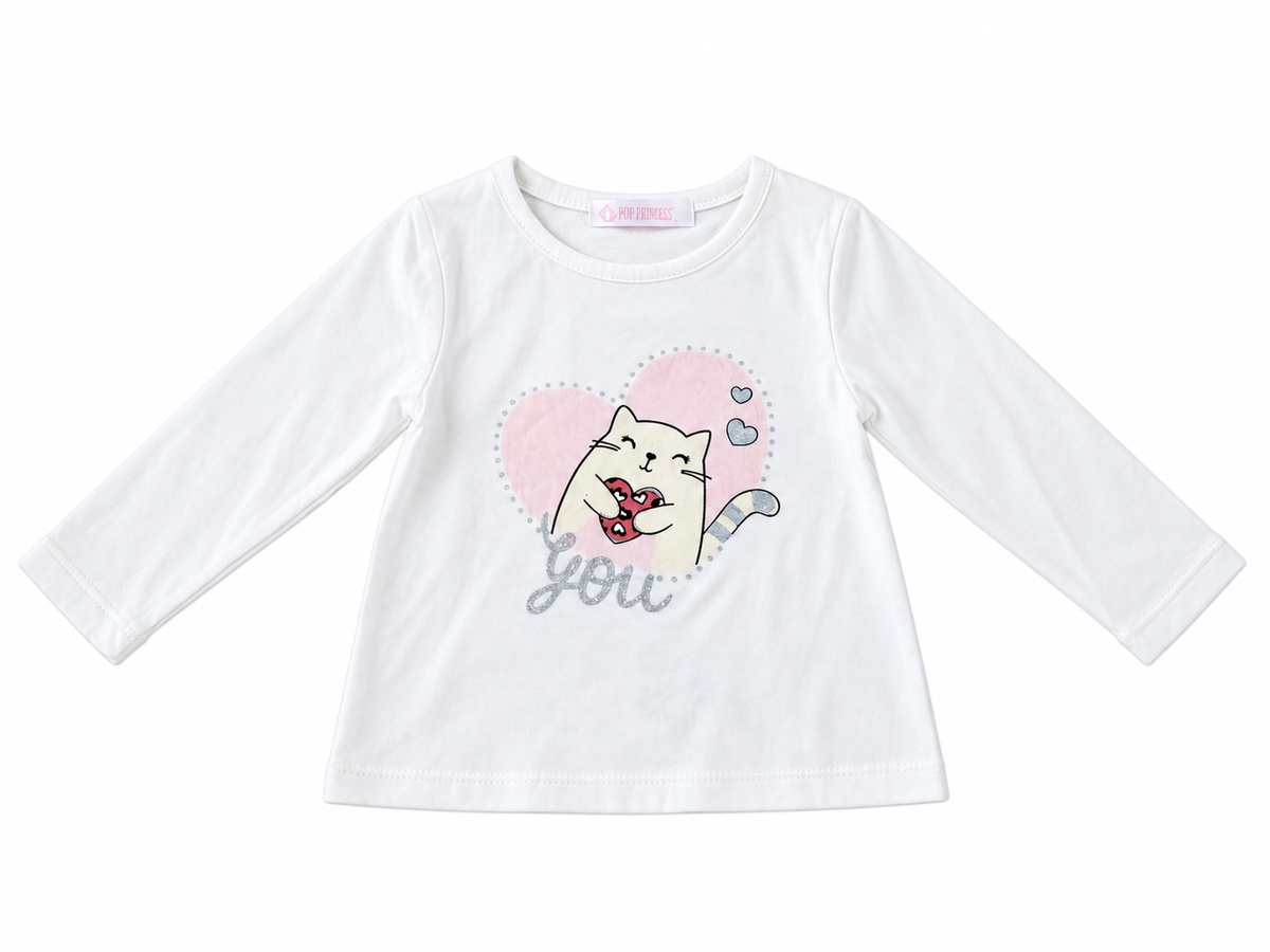 Set niña de 3 piezas con sudadera blanca de gatitos y pantalón acampanado rosa