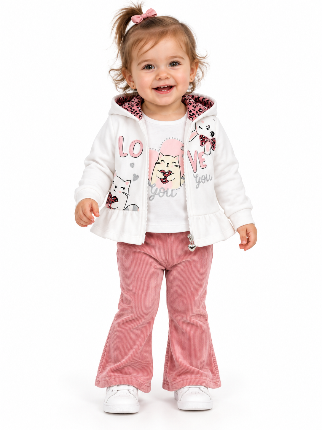 Set niña de 3 piezas con sudadera blanca de gatitos y pantalón acampanado rosa
