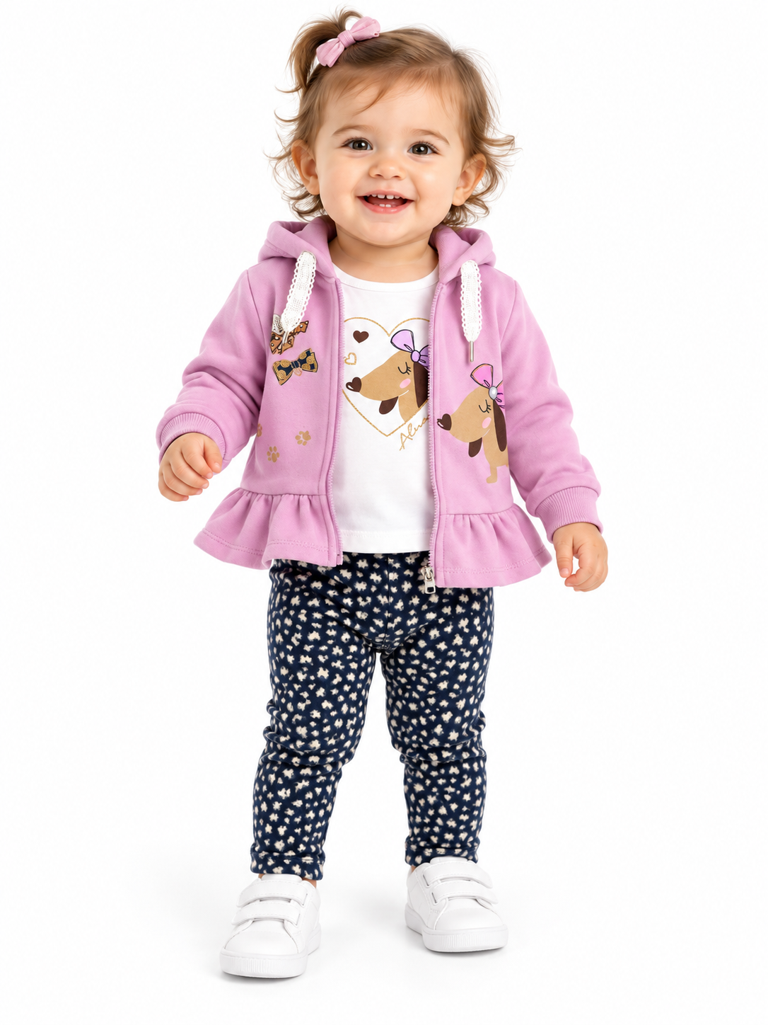 Set niña de 3 piezas con sudadera lila de perrito y pantalón estampado
