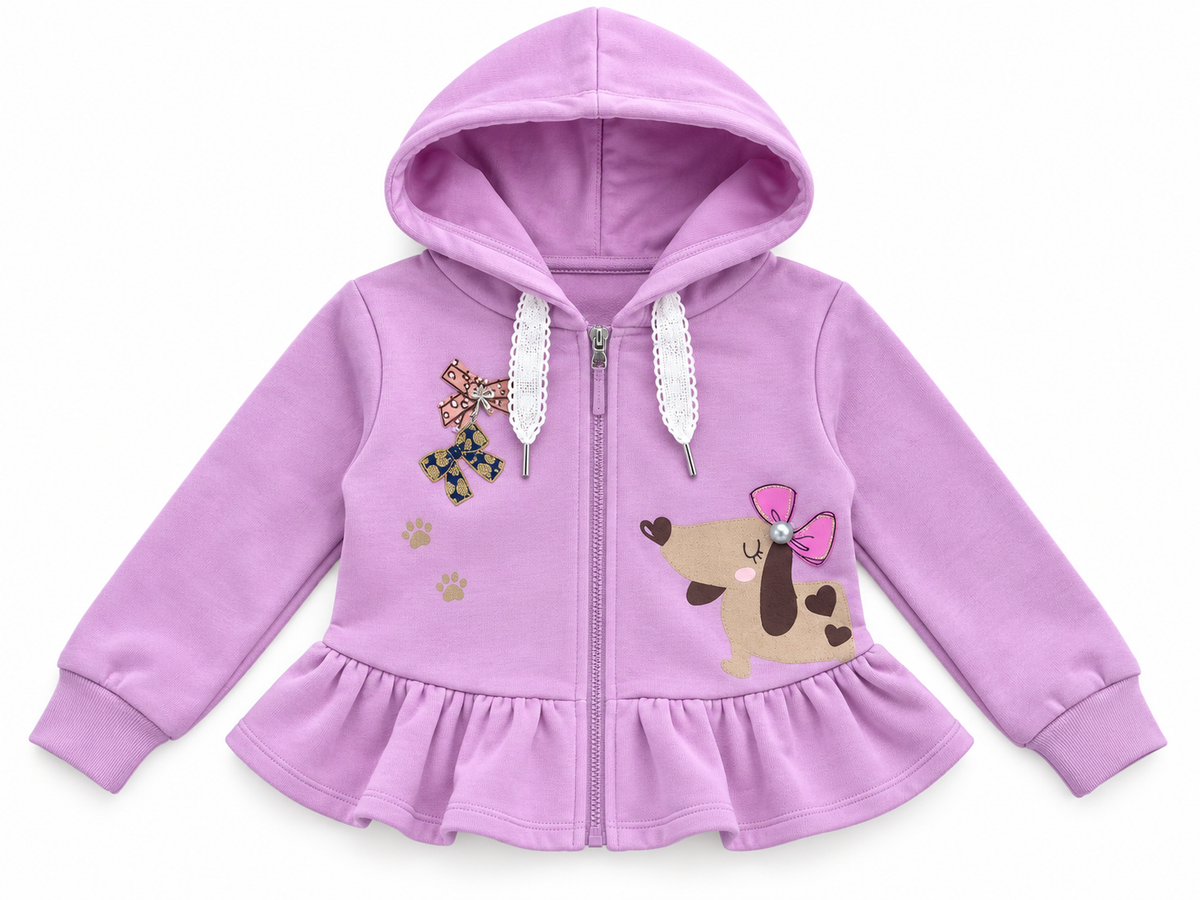 Set niña de 3 piezas con sudadera lila de perrito y pantalón estampado