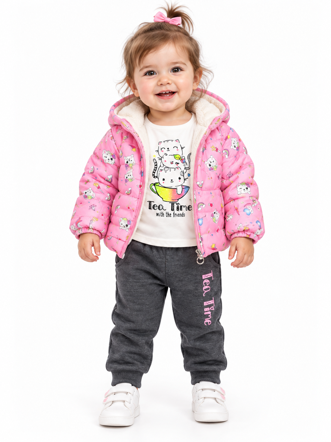Set niña de 3 piezas con chamarra acolchada rosa de gatitos y pantalón deportivo