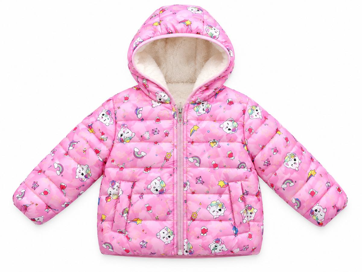 Set niña de 3 piezas con chamarra acolchada rosa de gatitos y pantalón deportivo