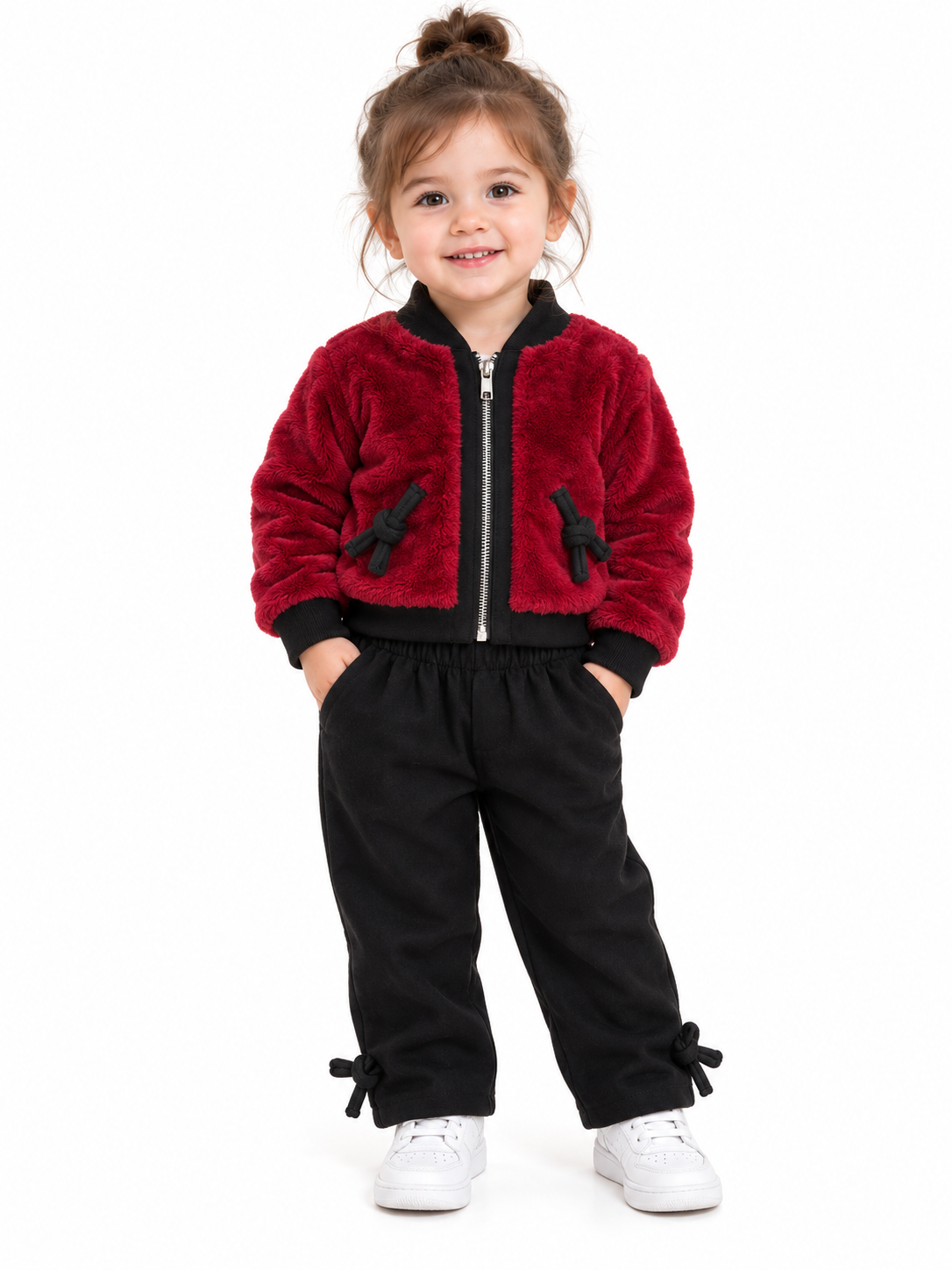 Set niña de 2 piezas con chamarra afelpada roja y pantalón negro con moños
