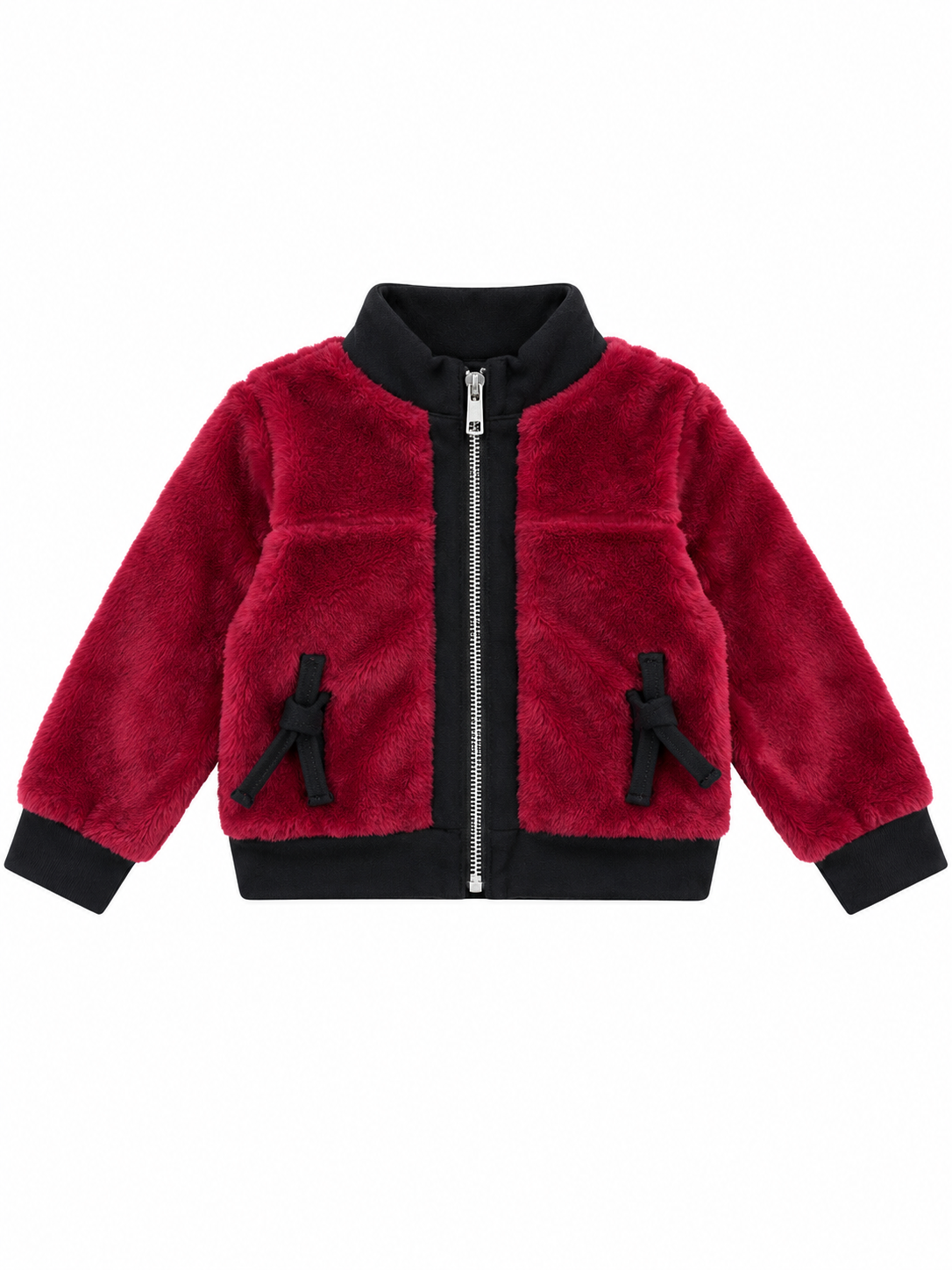 Set niña de 2 piezas con chamarra afelpada roja y pantalón negro con moños