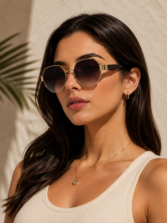 Lentes dama hexagonales café degradado con marco dorado