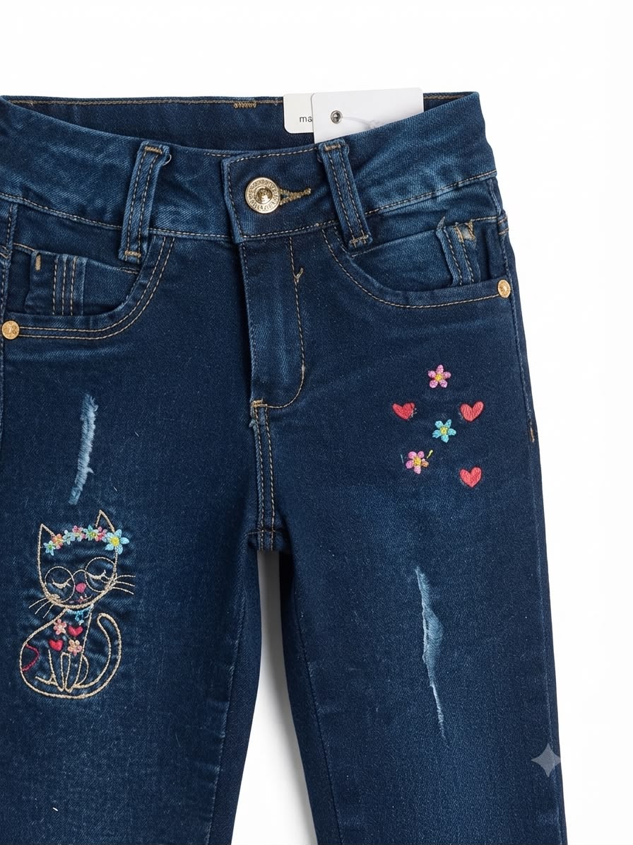 Pantalón Niña mezclilla bordado gatito