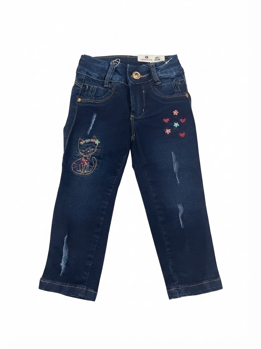 Pantalón Niña mezclilla bordado gatito