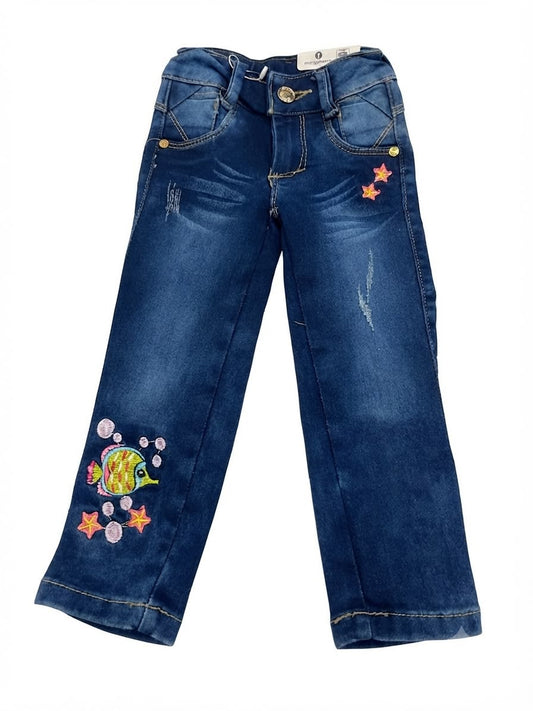Pantalón niña mezclilla bordado pez