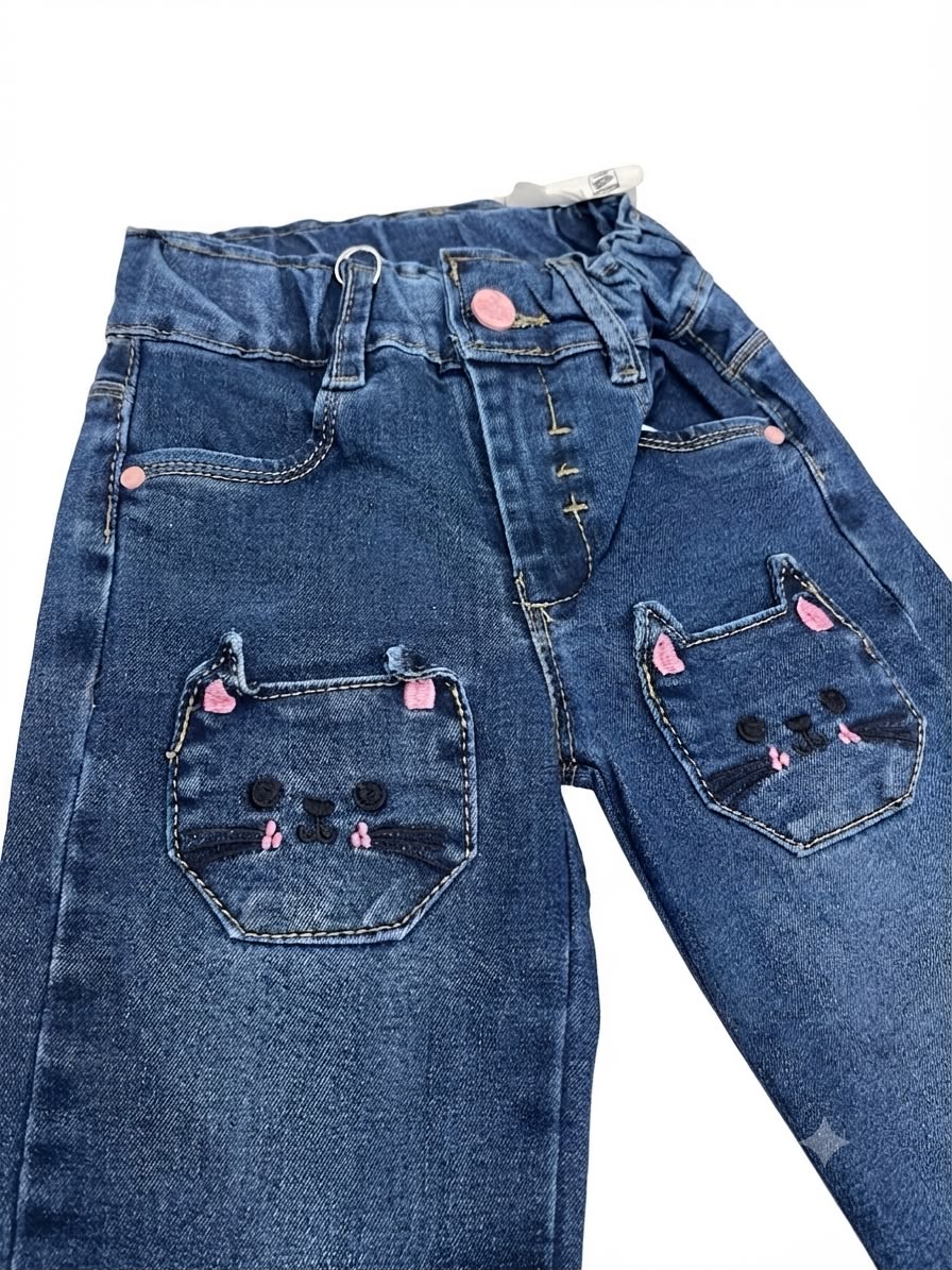 Pantalón niña mezclilla bolsitas gatito