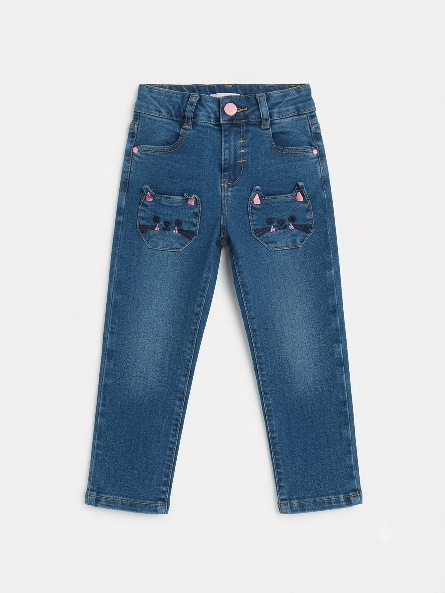 Pantalón niña mezclilla bolsitas gatito
