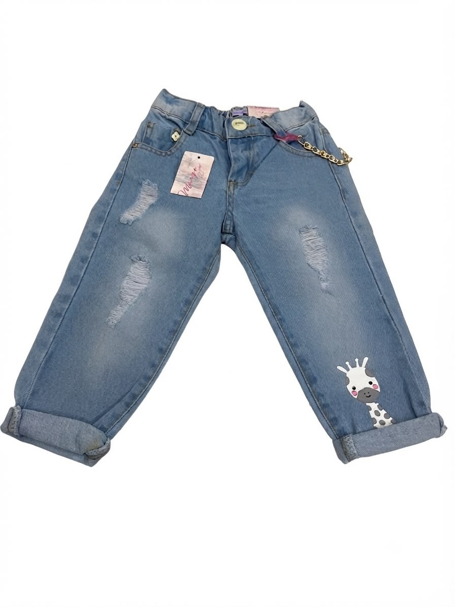 Pantalón niña mom fit mezclilla con jirafa y cadena
