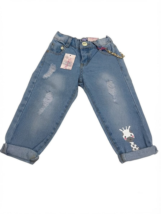 Pantalón niña mom fit mezclilla con jirafa y cadena