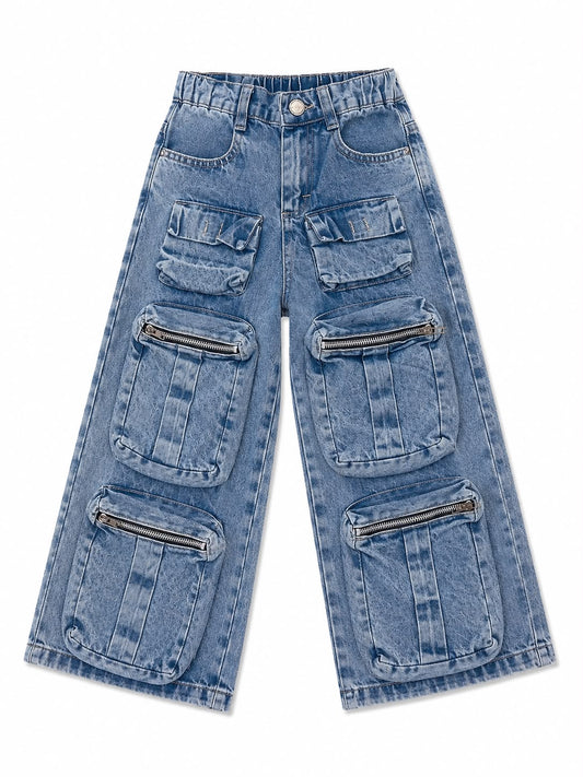 Pantalón niña cargo de mezclilla con bolsillos 3D