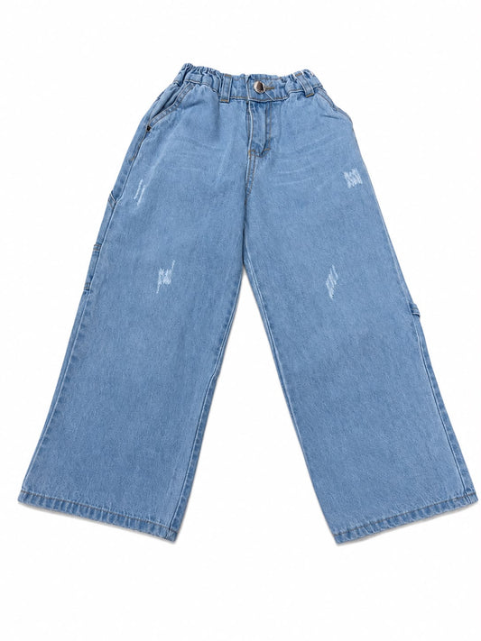 Pantalón niña mezclilla wide leg cintura elástica