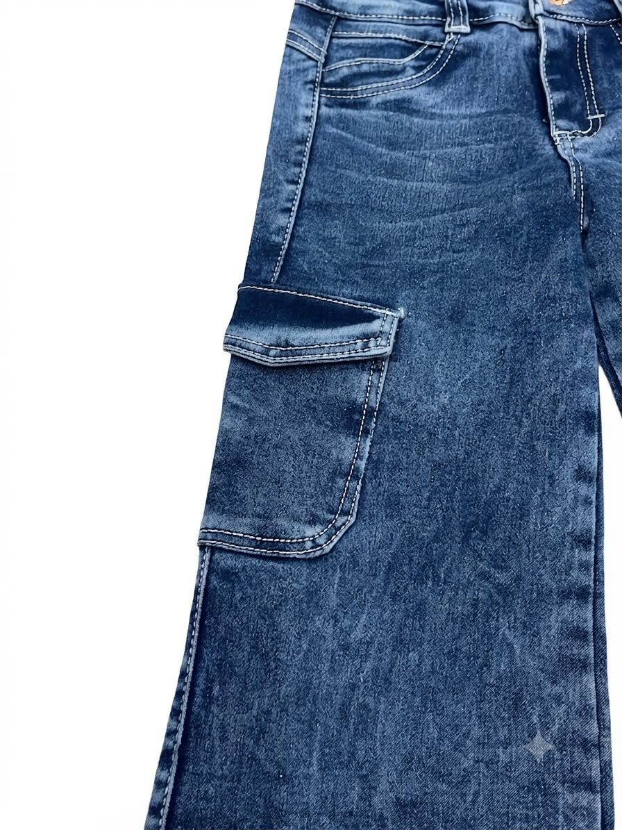 Pantalón niña mezclilla cargo pierna amplia
