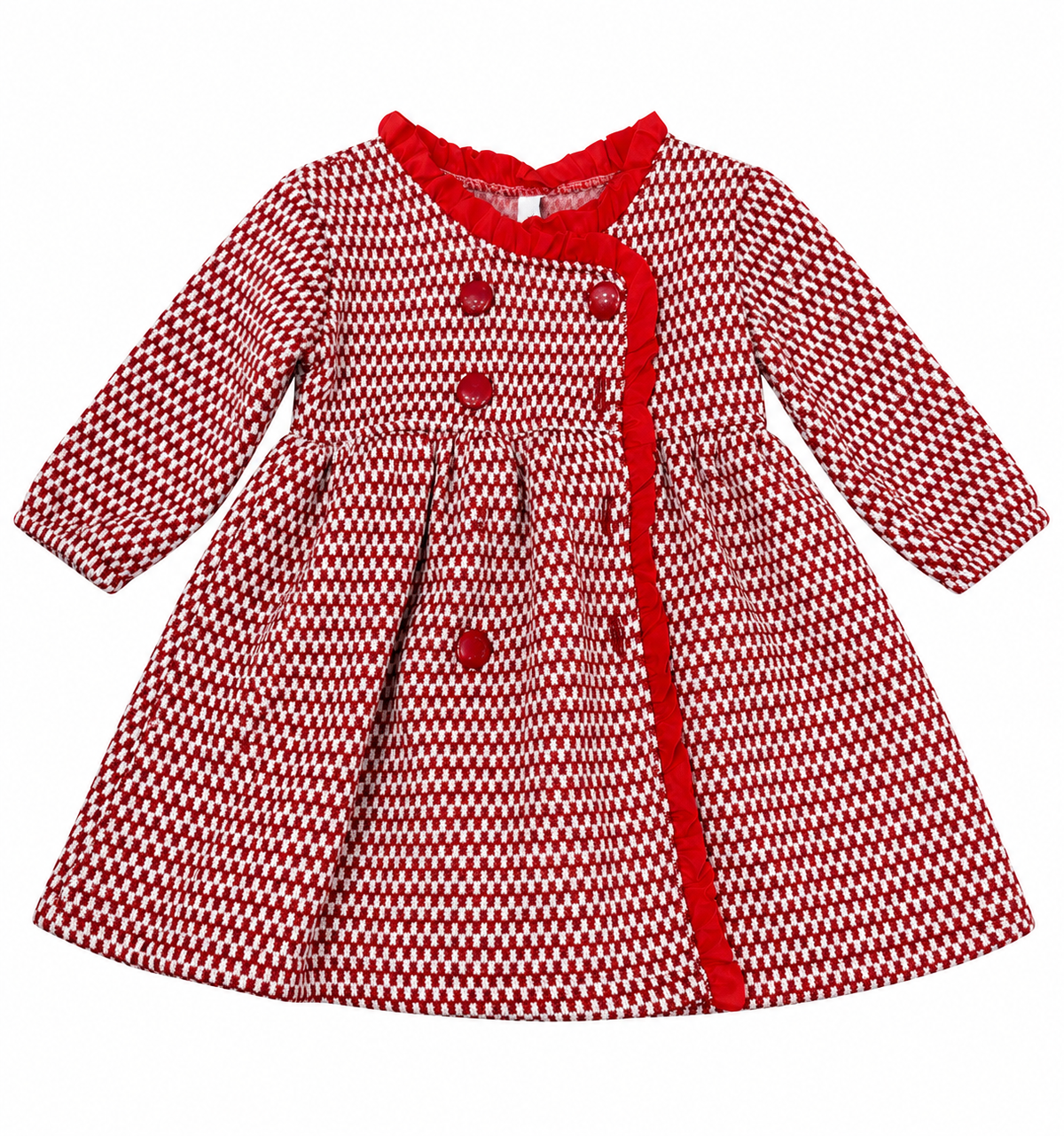 Vestido Niña Estampado Rojo y Blanco con Olanes y Botones Decorativos ❤️