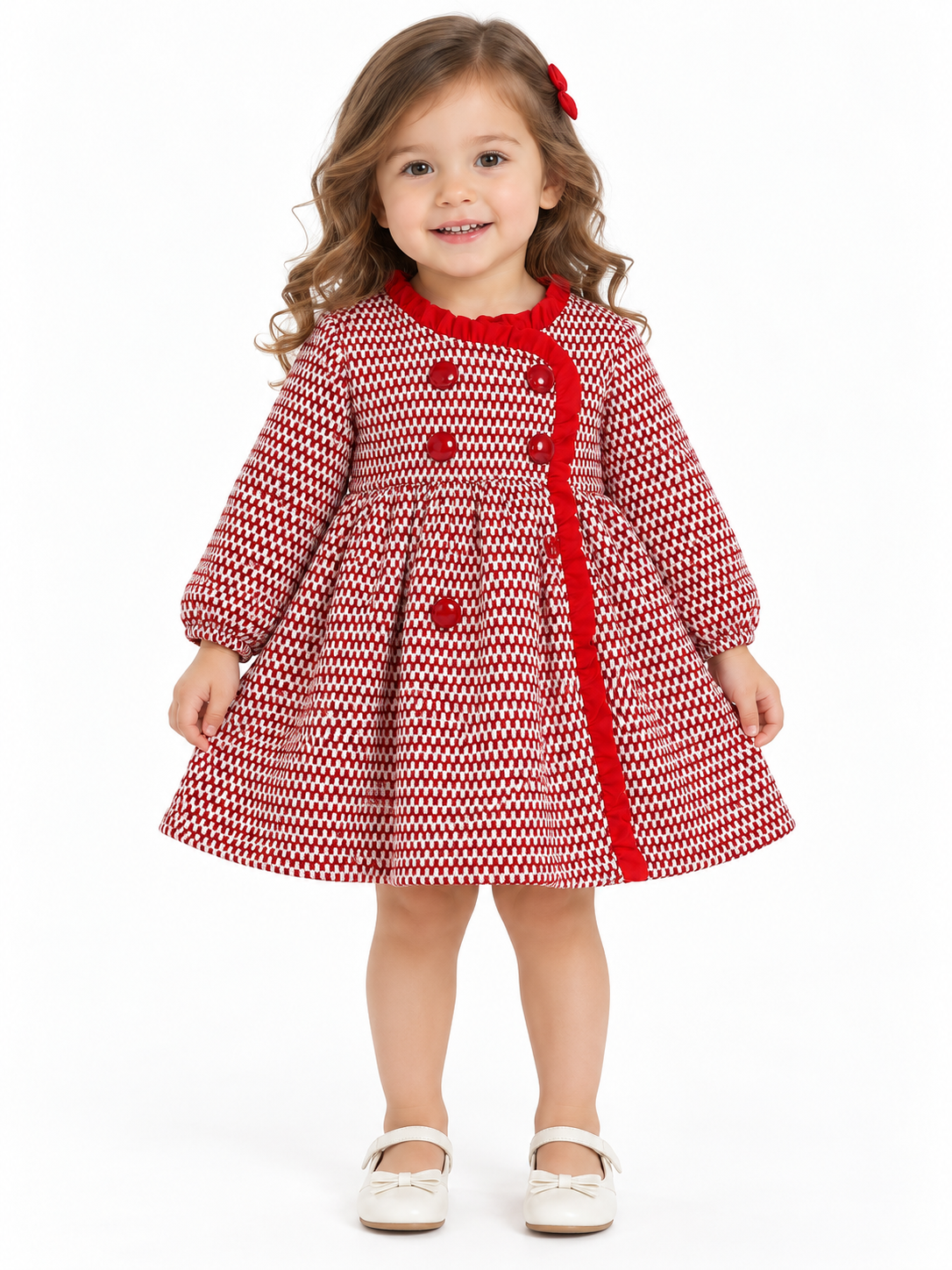 Vestido Niña Estampado Rojo y Blanco con Olanes y Botones Decorativos ❤️