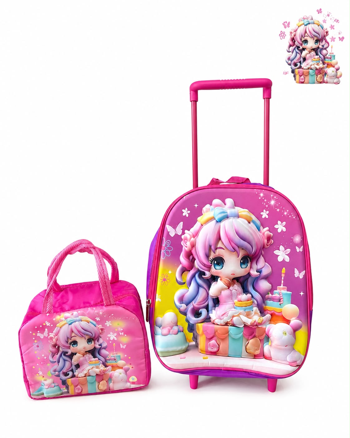 Mochila escolar infantil con carrito fantasía rosa