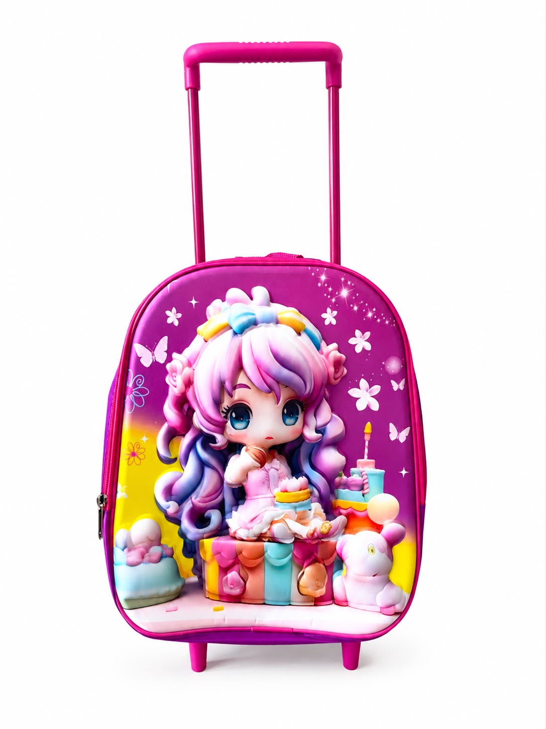 Mochila escolar infantil con carrito fantasía rosa