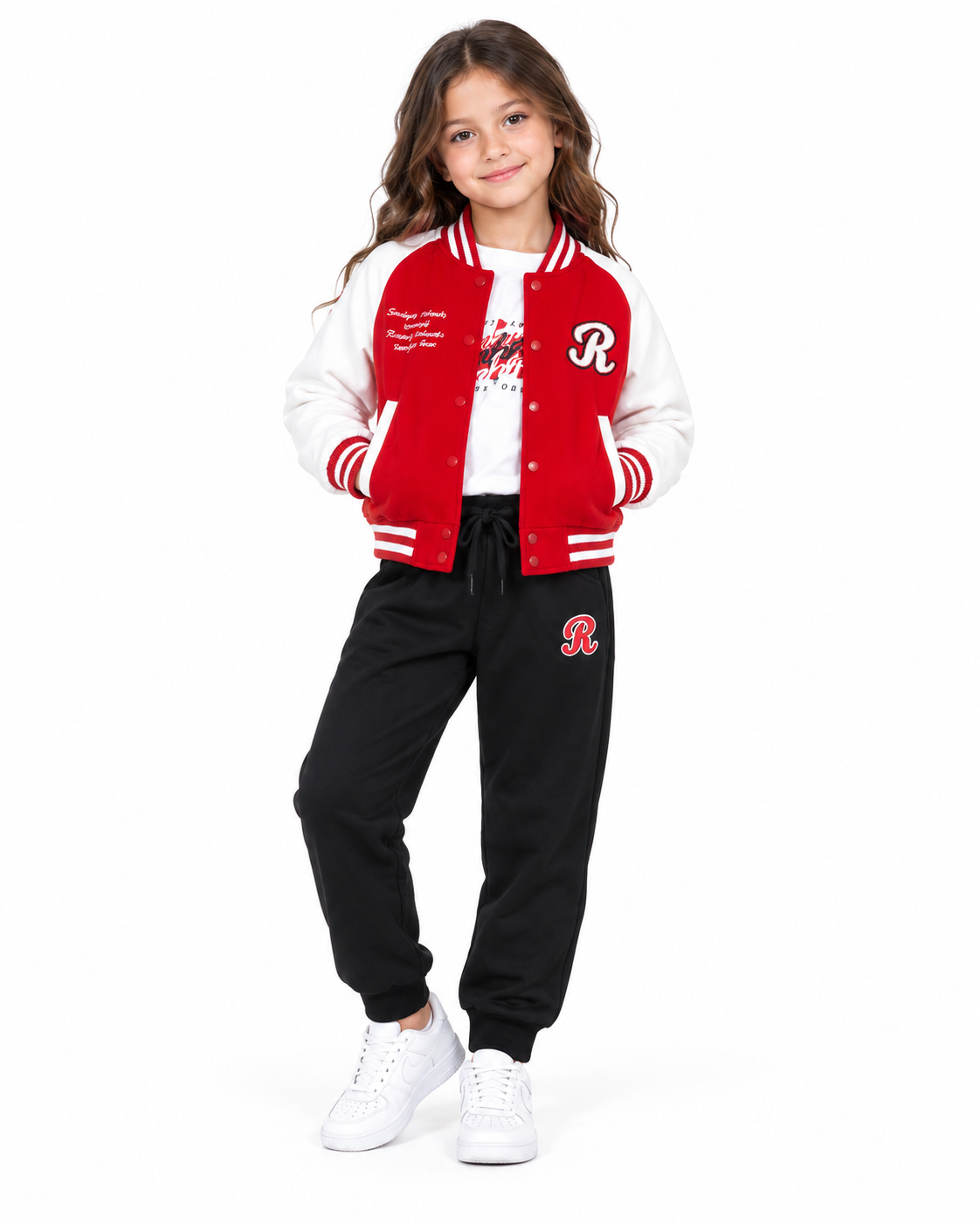 Set niña 3 piezas chamarra varsity, blusa y pantalón jogger ❤️🖤🤍