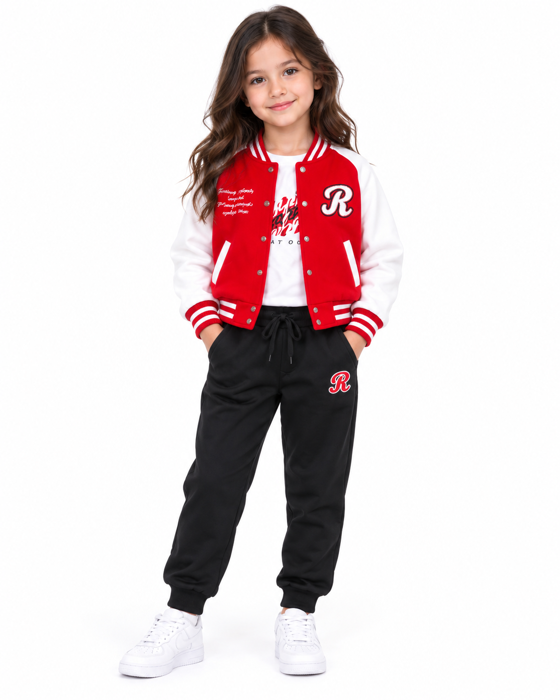 Set niña 3 piezas chamarra varsity, blusa y pantalón jogger ❤️🖤🤍