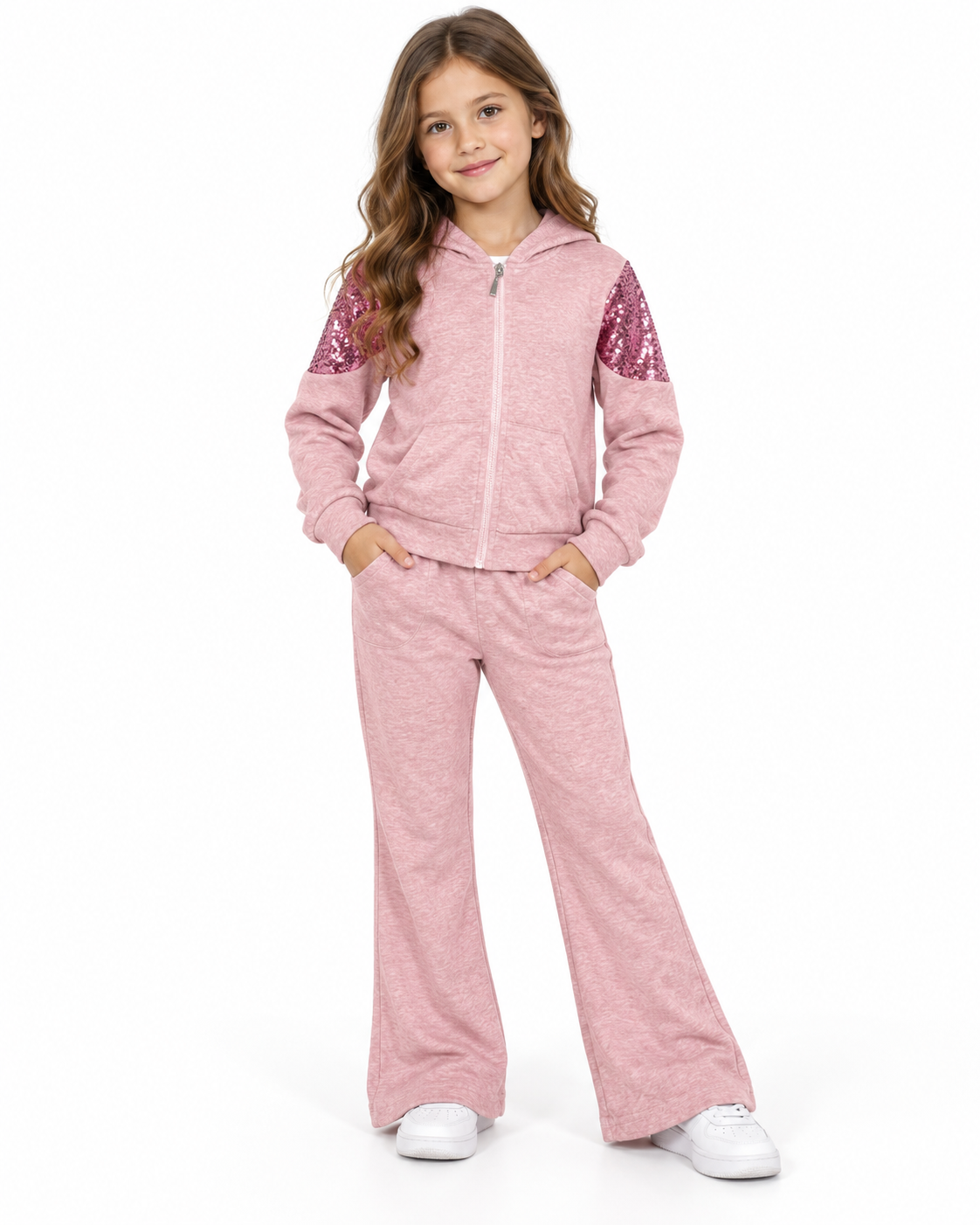Set niña rosa con sudadera de lentejuelas y pantalón acampanado